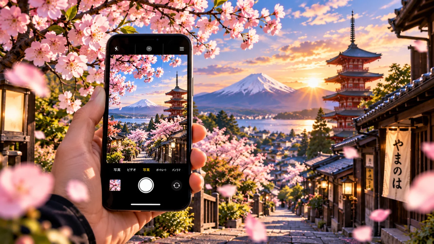 桜と富士山の風景をスマートフォンで撮影するイメージ