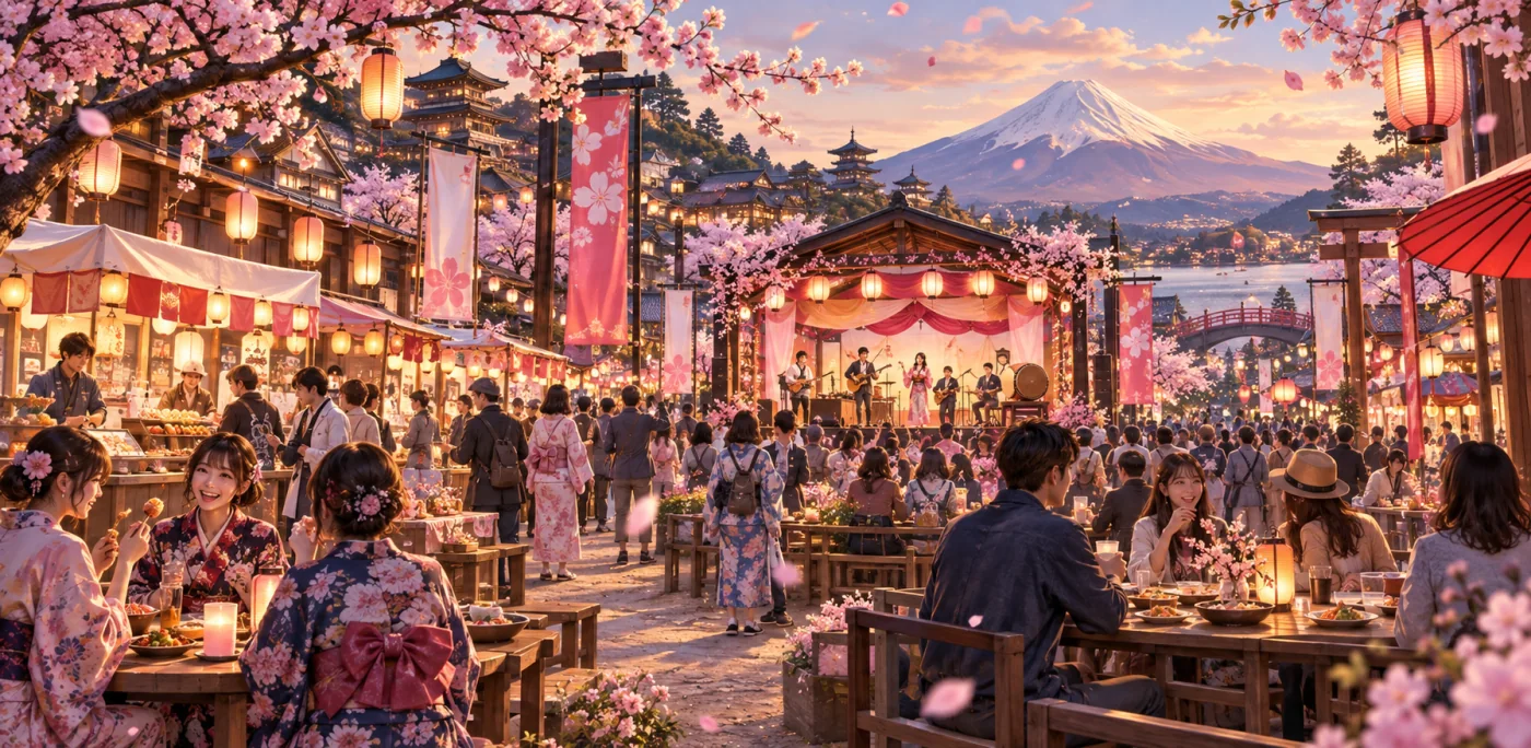 桜と富士山を望む会場で催事を楽しむ人々のイメージ
