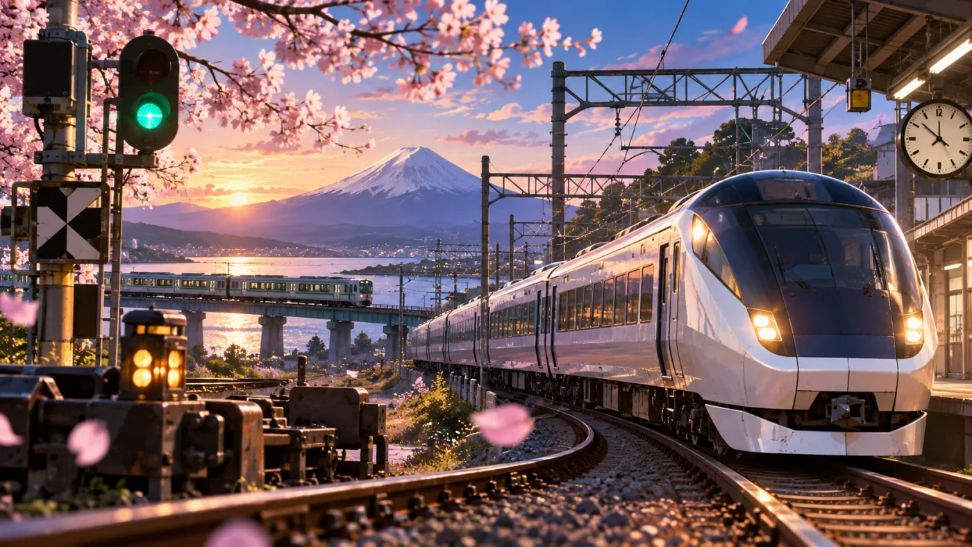 桜と富士山を背景に駅へ入る電車のイメージ