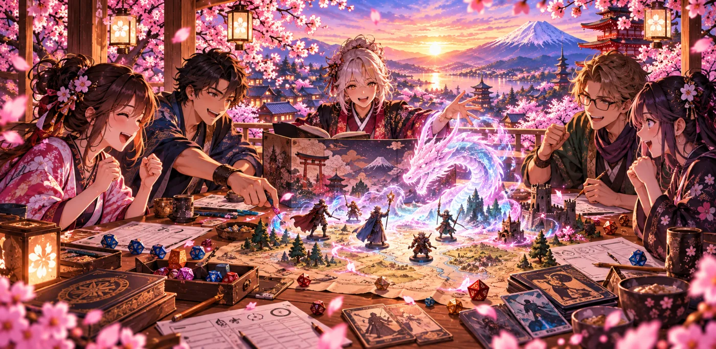 桜と富士山を望む卓上でTRPGを楽しむ人々のイメージ