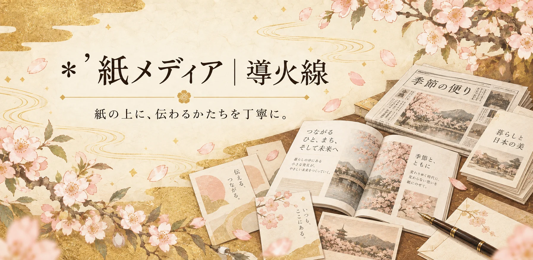 桜と新聞、冊子を描いた読者投稿紙のイメージ