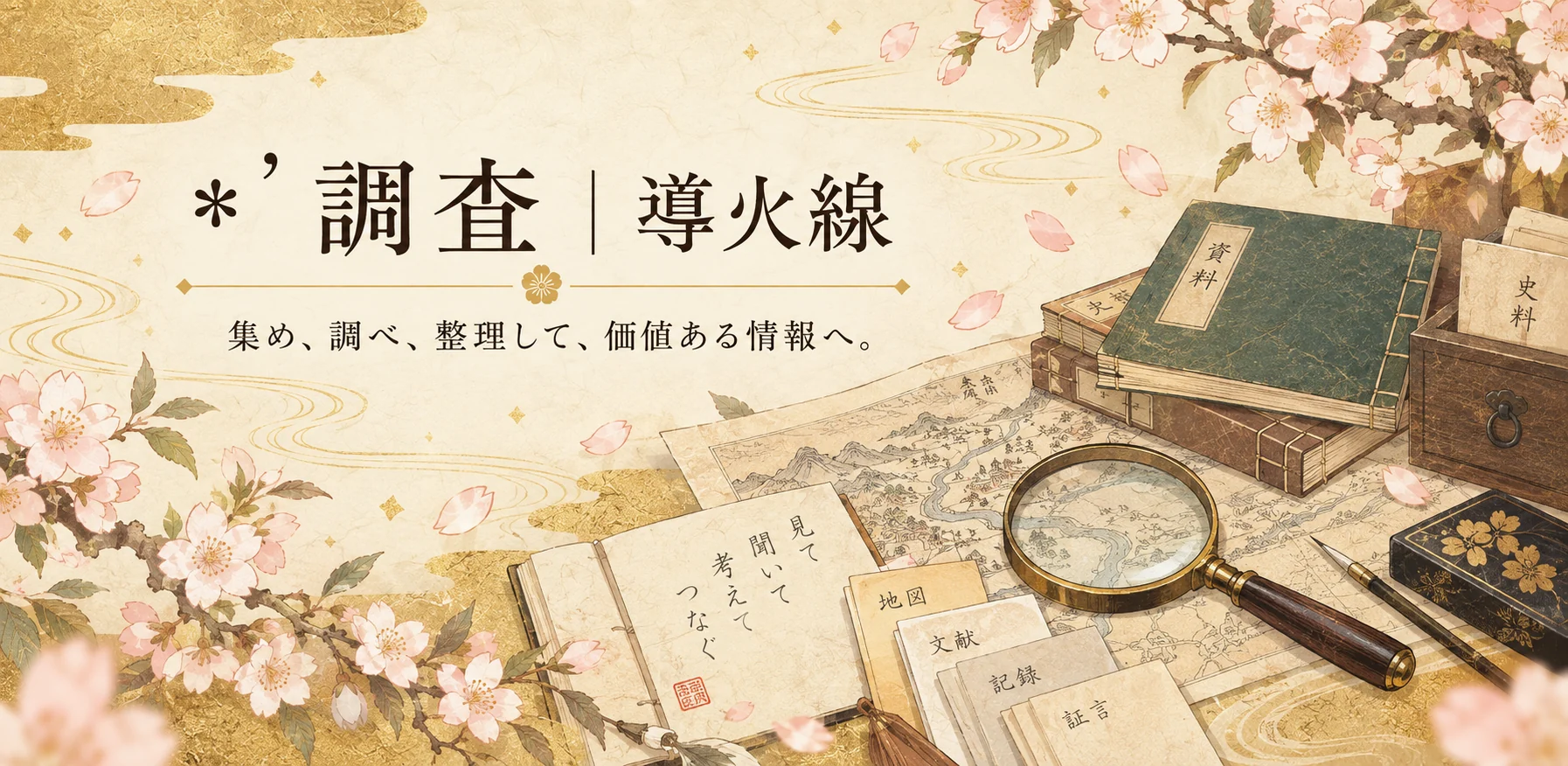 桜と古地図、資料、虫眼鏡を描いた人口調査のイメージ